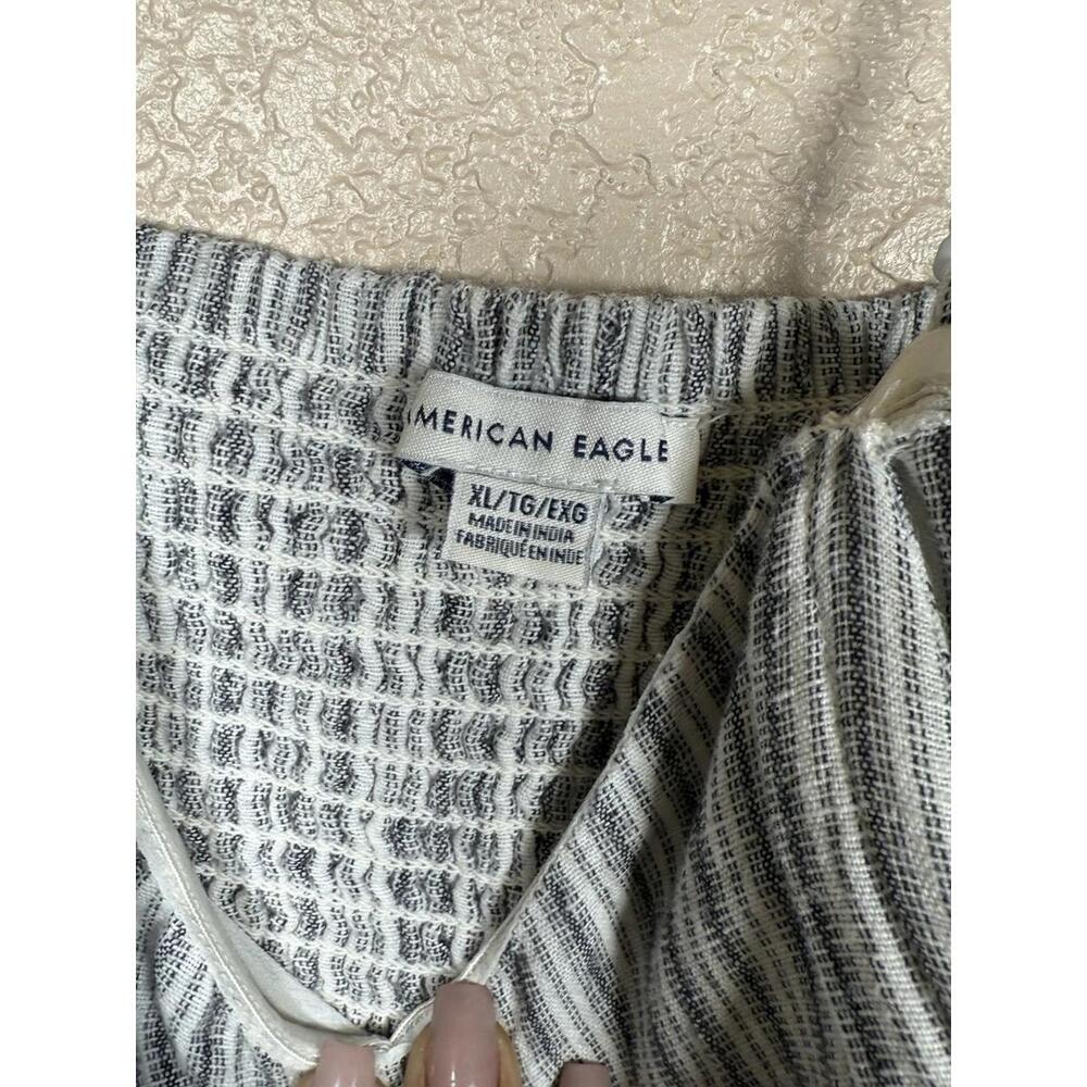American Eagle Jumpsuit Women Sz XL  Gray White Linen Cotton Belted Lined - Picture 6 of 9